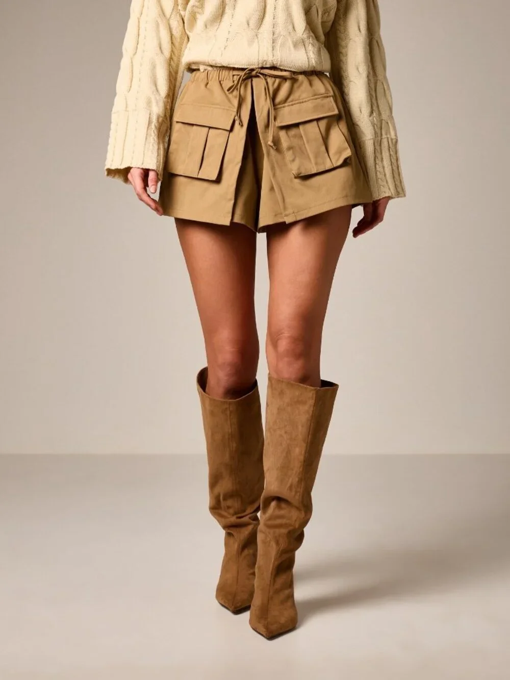 Khaki Casual Women's Waist Shorts with Cargo Pockets and Drawstring Waistband